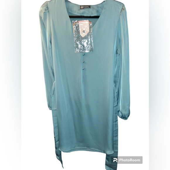 Long Puff Sleeve Satin Belted Cocktail Mini Dresses - Picture 3 of 5